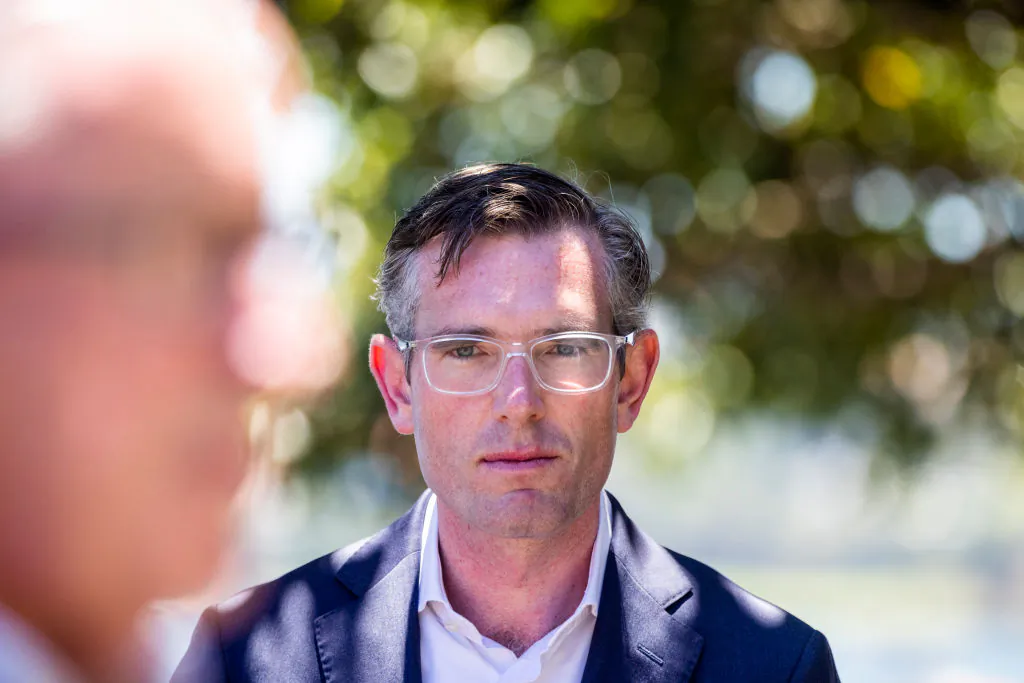 NSW Premier Dominic Perrottet looks on during a COVID-19 update at Mrs Macquaries Point during New Year's Eve celebrations in Sydney, Australia, on Dec. 31, 2021. (Jenny Evans/Getty Images)