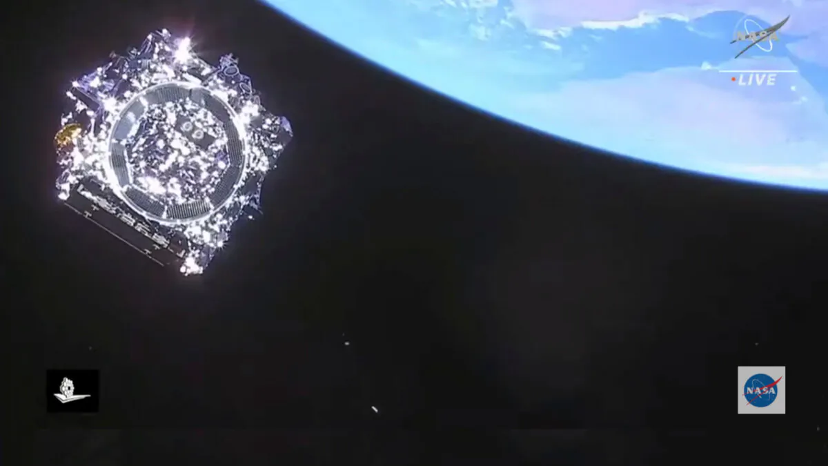 The James Webb Space Telescope is separated in space on Dec. 25, 2021. (NASA via AP)