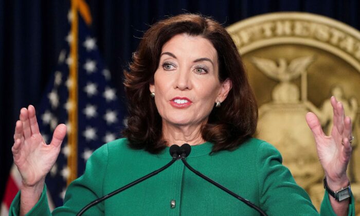 New York Gov. Kathy Hochul speaks during a news conference in the Manhattan borough of New York City on Dec. 14, 2021. (Carlo Allegri/Reuters)