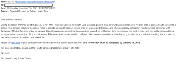 Screenshot of St. Johns County School District December 15, 2021 email sent to parents and guardians informing them they must provide consent if they want their child to receive "care and treatment" to their child "for injuries and illnesses."