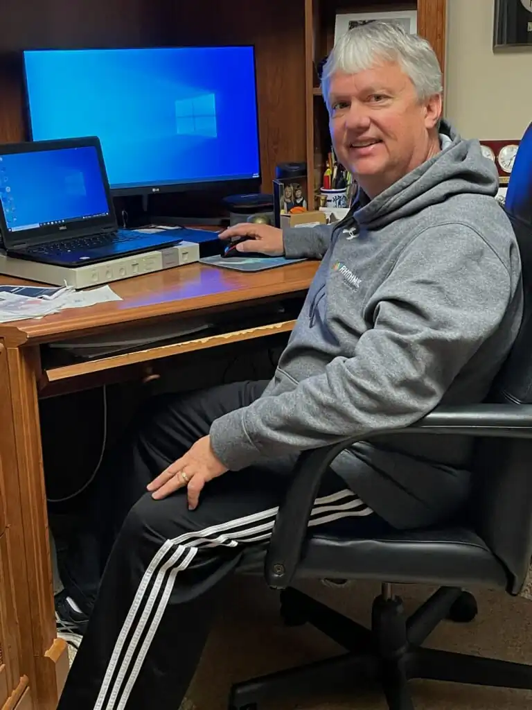 Steve Anderson, who worked at LexisNexis for 32 years, worked remote from his office in the basement of his home for the information solutions company during the pandemic, and he now works as a consultant for high-tech companies in Dayton, Ohio, on Dec. 28, 2021. (Courtesy of Steve Anderson)