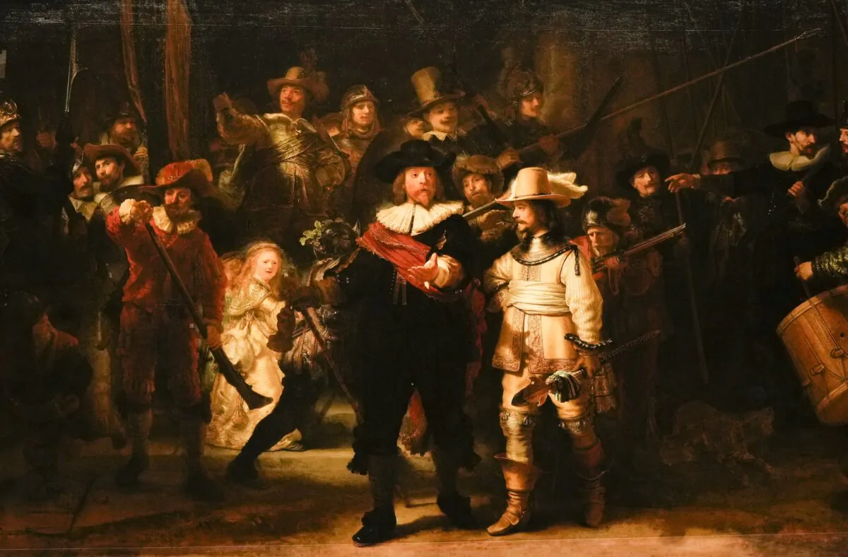 A close up view of Rembrandt's largest painting "The Night Watch" in Amsterdam, Netherlands, on June 23, 2021. (Peter Dejong/AP Photo)