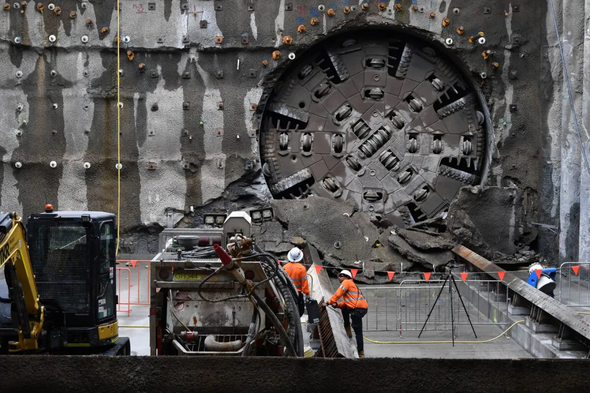 The Cross River Rail’s Tunnel Boring Machine, the 1350-tonne TBM Else is seen after breaking through on the northern portal tunnel of the Cross River Rail project in Brisbane, Australia, on Nov. 25, 2021. (AAP Image/Darren England)
