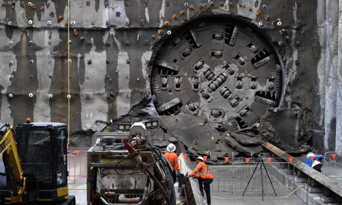 The Cross River Rail’s Tunnel Boring Machine, the 1350-tonne TBM Else is seen after breaking through on the northern portal tunnel of the Cross River Rail project in Brisbane, Australia, on Nov. 25, 2021. (AAP Image/Darren England)