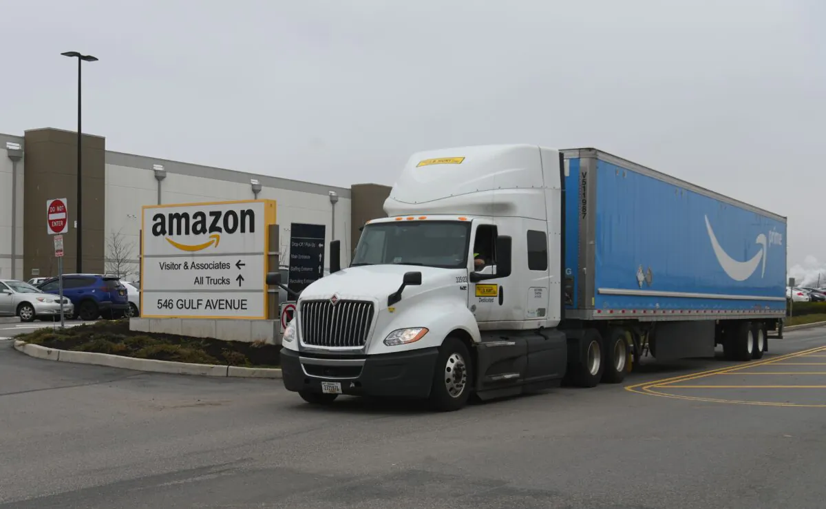 A truck is seen outside the Amazon warehouse in Staten Island, N.Y., on March 30, 2020. (Angela Weiss/AFP via Getty Images)