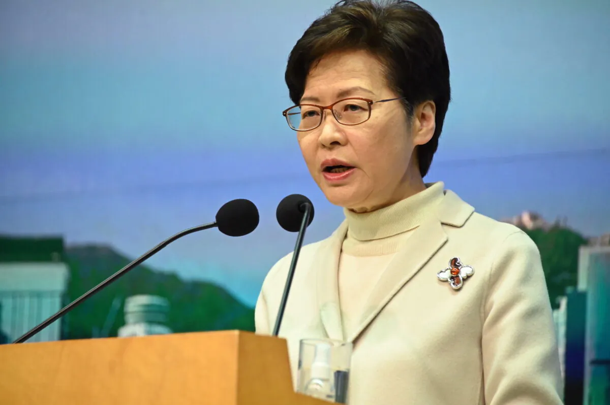 Hong Kong leader Carrie Lam speaks during her weekly presss conference in Hong Kong on Jan. 4, 2022. (Bill Cox/The Epoch Times)