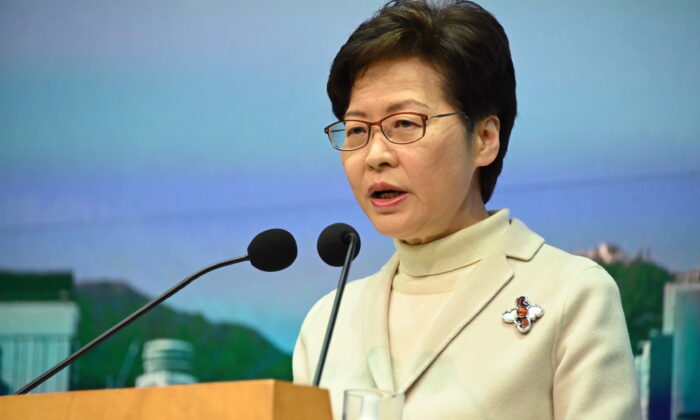 Hong Kong leader Carrie Lam speaks during her weekly presss conference in Hong Kong on Jan. 4, 2022. (Bill Cox/The Epoch Times)