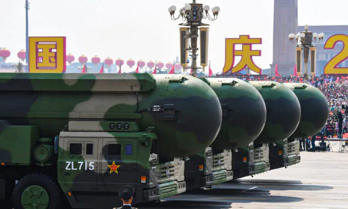 China's DF-41 nuclear-capable intercontinental ballistic missiles during a military parade at Tiananmen Square in Beijing on Oct. 1, 2019. 
(Greg Baker/AFP via Getty Images)