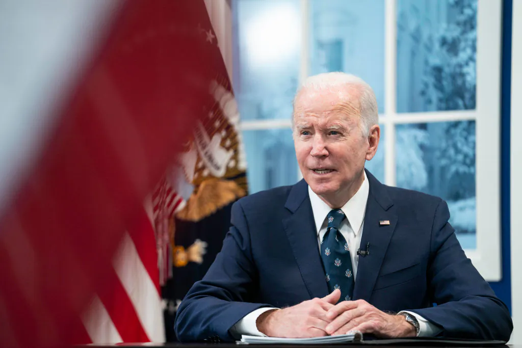 U.S. President Joe Biden speaks during a virtual meeting in the South Court Auditorium at the Eisenhower Executive Office Building in Washington on Jan. 3, 2022. (Sarah Silbiger/Getty Images)