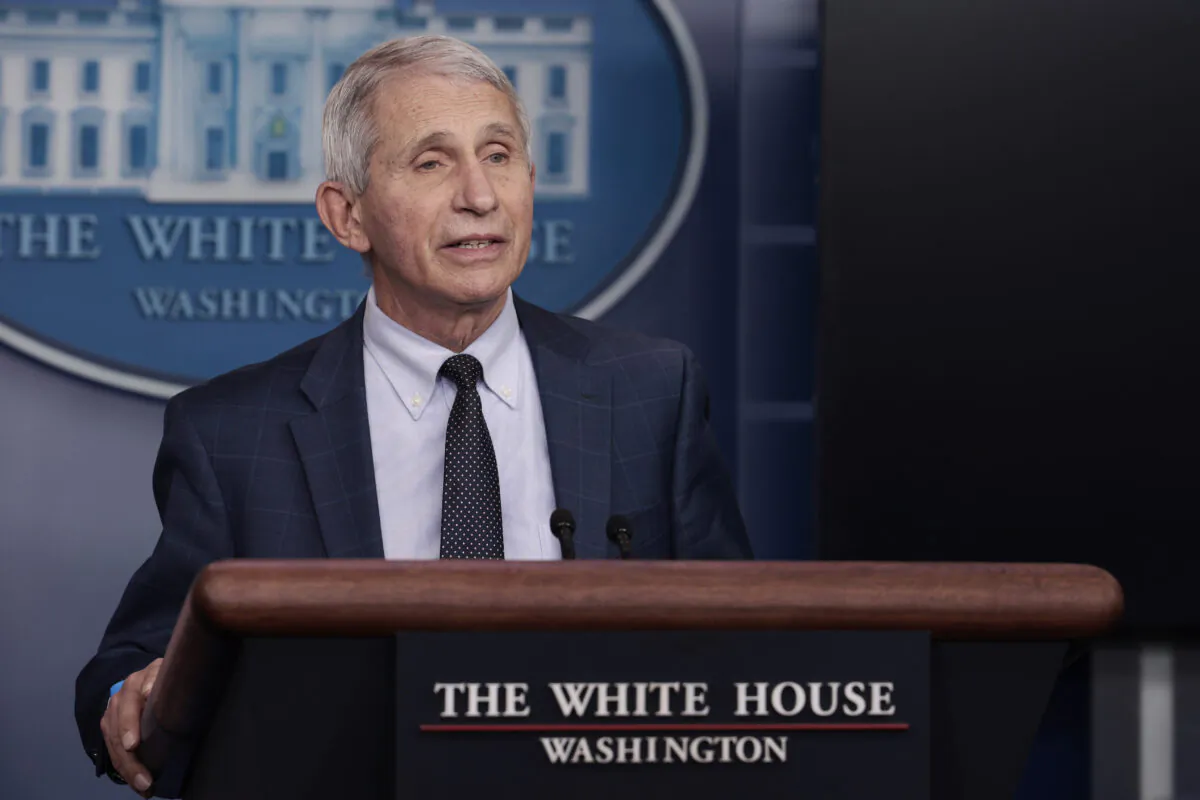 Dr. Anthony Fauci, Director of the National Institute of Allergy and Infectious Diseases and the Chief Medical Advisor to the President, gives an update on the Omicron COVID-19 variant during the daily press briefing at the White House in Washington on Dec. 1, 2021. (Anna Moneymaker/Getty Images)