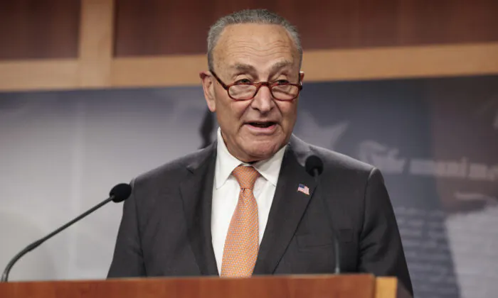 Senate Majority Leader Chuck Schumer (D-N.Y.) speaks at a news conference in Washington on Jan. 4, 2022. (Anna Moneymaker/Getty Images)