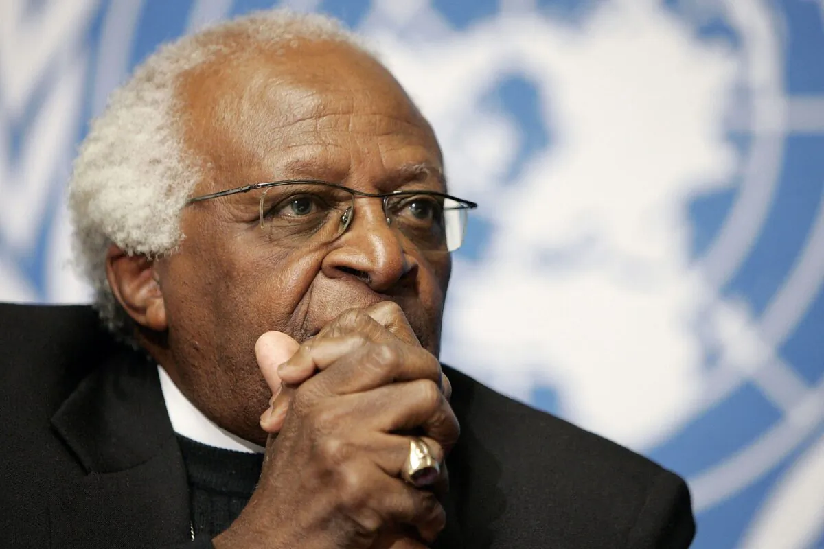 Archbishop Desmond Tutu holds a press conference at the United Nations in Geneva after Israel blocked a UN human rights fact-finding mission led by Tutu to Beit Hanun on the Gaza Strip, on Dec. 11, 2006. (Fabrice Coffrini/AFP via Getty Images)