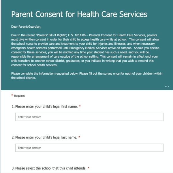 Screenshot of original introduction for new health care services consent form on St. Johns County School District website on Dec. 17, 2021.