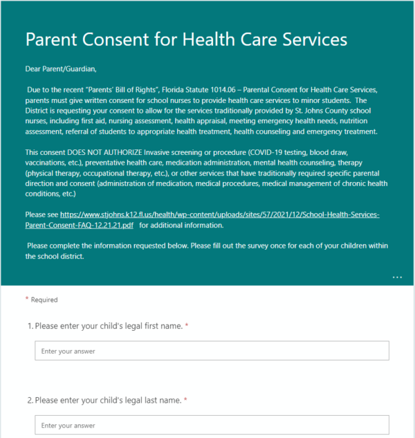 Screenshot of revised introduction for consent form for health care services in school on Dec. 30.
