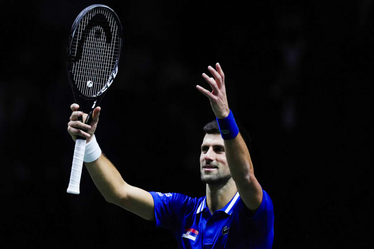 Serbia's Novak Djokovic celebrates after defeating Croatia's Marin Cilic during their Davis Cup tennis semi-final match at Madrid Arena in Madrid, on Dec. 3, 2021. (Bernat Armangue/AP Photo)