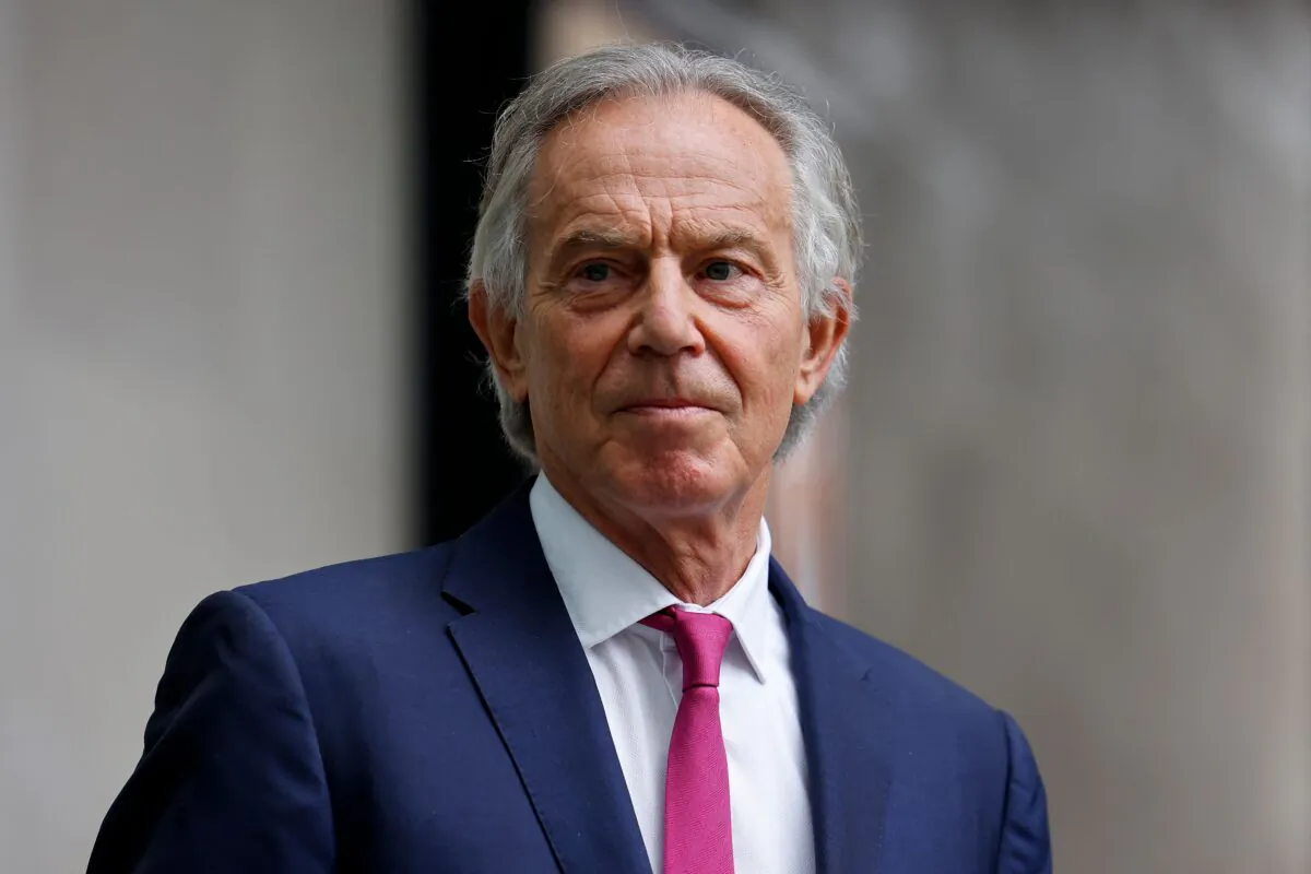 Former British Prime Minister Tony Blair leaves the BBC in central London, after appearing on the BBC political programme The Andrew Marr Show, on June 6, 2021. (Tolga Akmen /AFP via Getty Images)