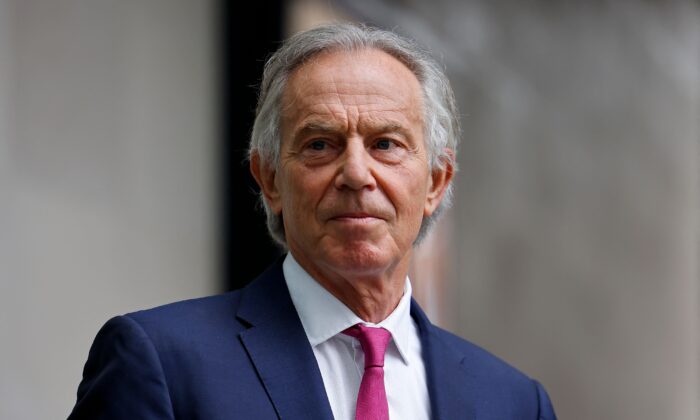 Former British Prime Minister Tony Blair leaves the BBC in central London, after appearing on the BBC political programme The Andrew Marr Show, on June 6, 2021. (Tolga Akmen /AFP via Getty Images)