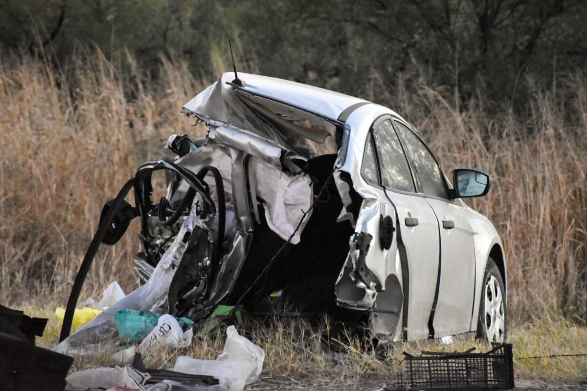 The wreckage of crash victim Wanda Sitoski’s car after a 16-year-old smuggler ran a red light at 105 miles per hour and caused a fatal crash in Cochise County, Ariz., on Oct. 30, 2021. (Zach Bennett/Sierra Vista News Network)