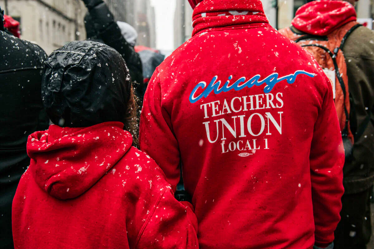 Chicago public school teachers marched through the streets near City Hall during a strike in Chicago, Ill., on Oct. 31, 2019. (Scott Heins/Getty Images)