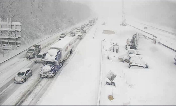 A closed section of Interstate 95 near Fredericksburg, Va., on Jan. 3, 2022. (Virginia Department of Transportation via AP)