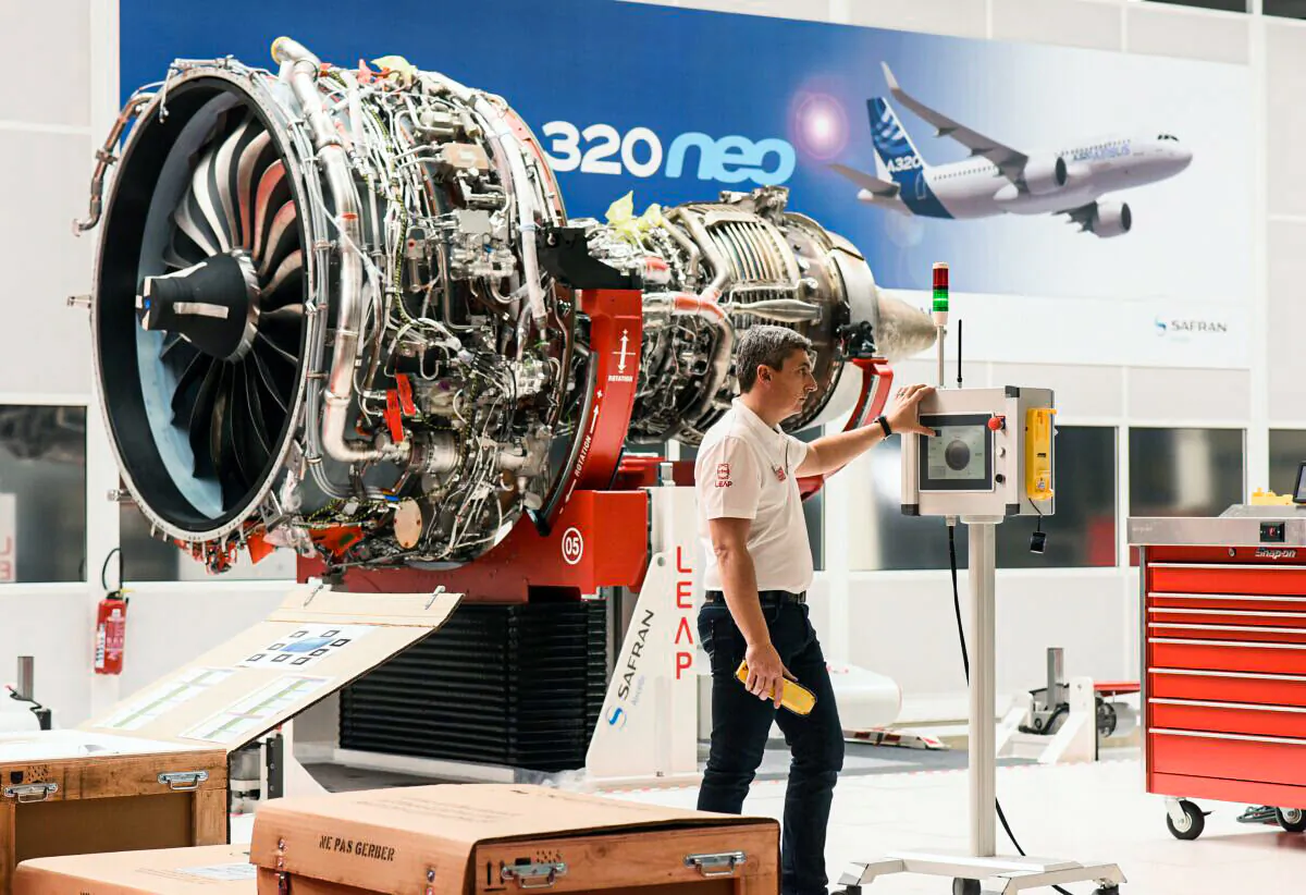 The LEAP-1A engine, developed by CFM, a joint venture between France's Safran and General Electric, is pictured during its handover ceremony in Colomiers, outside Toulouse, on April 15, 2016. (REMY GABALDA/AFP/Getty Images)