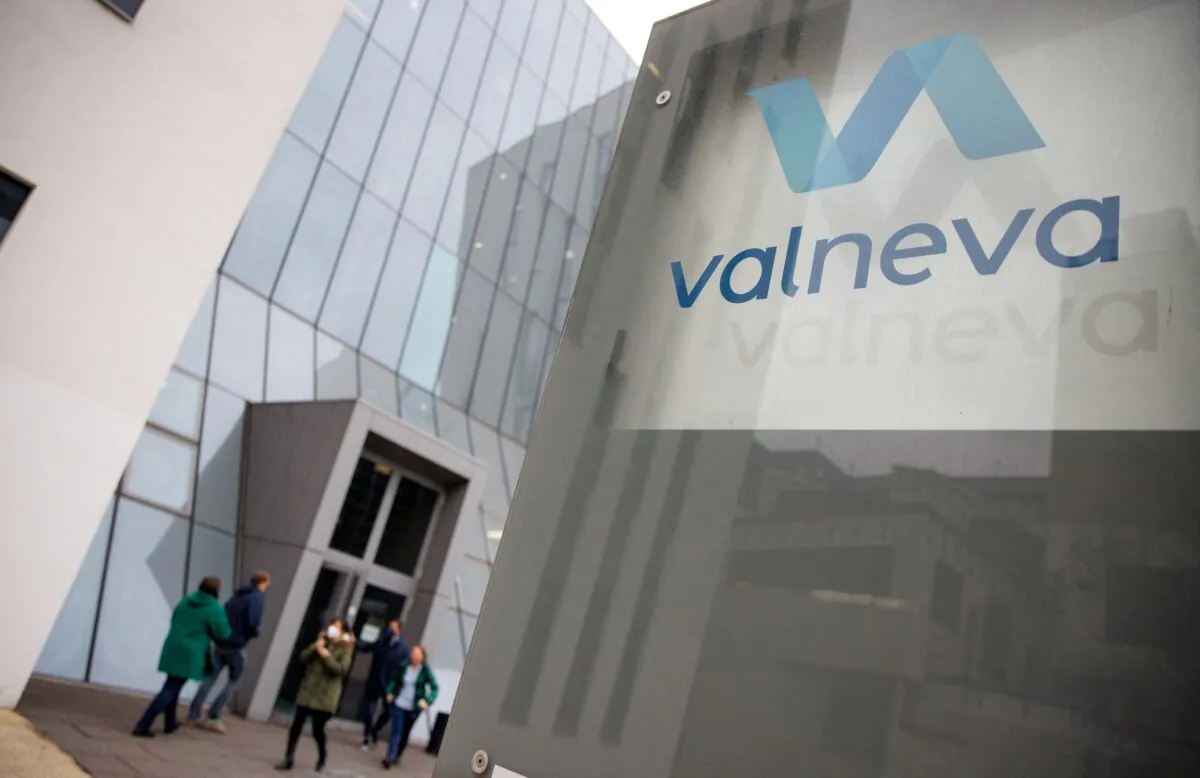 The logo of French-Austrian biotech firm Valneva is seen outside their headquarters in Vienna, Austria, on Dec.16, 2021. (Lisi Niesner/Reuters)