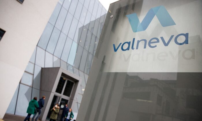 The logo of French-Austrian biotech firm Valneva is seen outside their headquarters in Vienna, Austria, on Dec.16, 2021. (Lisi Niesner/Reuters)
