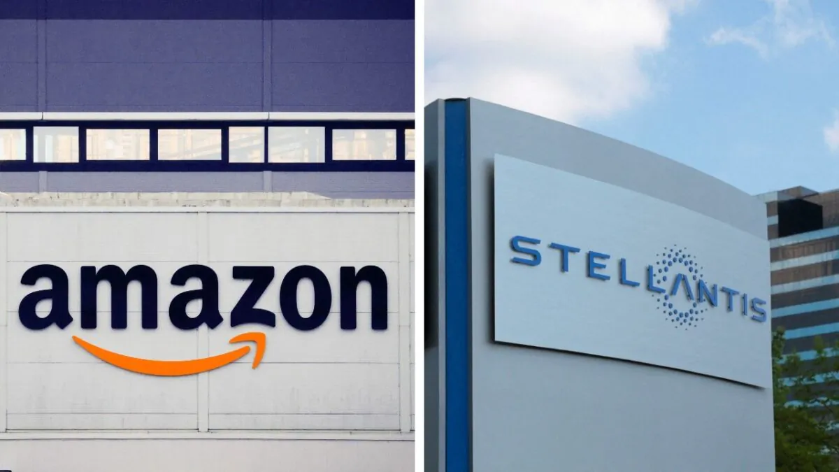 (L): The logo of Amazon at the company's logistics center in Bretigny-sur-Orge, near Paris, on Dec. 7, 2021. (R): A Stellantis sign outside its headquarters in Auburn Hills, Mich., on June 10, 2021. (Gonzalo Fuentes, Rebecca Cook/Reuters)