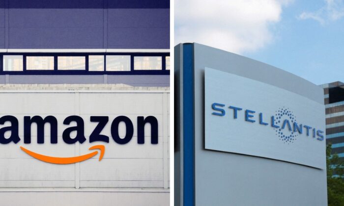 (L): The logo of Amazon at the company's logistics center in Bretigny-sur-Orge, near Paris, on Dec. 7, 2021. (R): A Stellantis sign outside its headquarters in Auburn Hills, Mich., on June 10, 2021. (Gonzalo Fuentes, Rebecca Cook/Reuters)