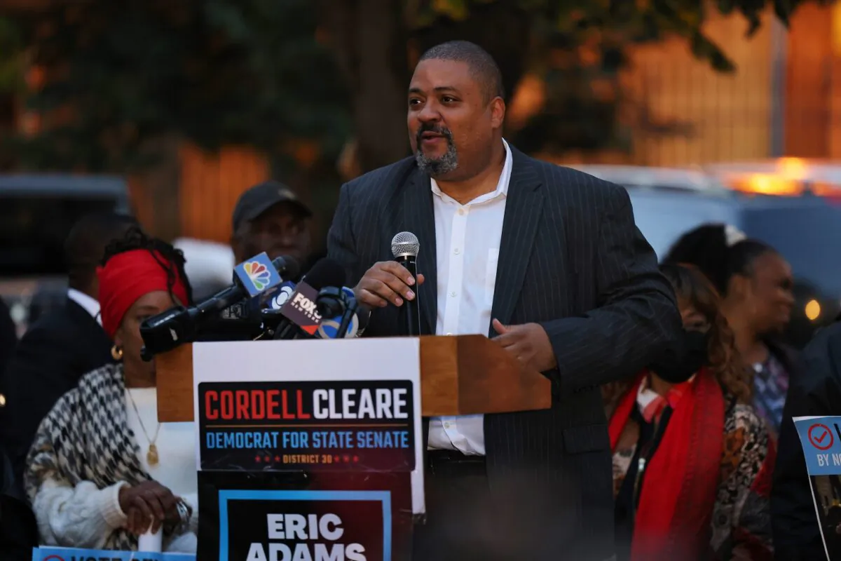 District attorney candidate Alvin Bragg speaks during a Get Out the Vote rally at A. Philip Randolph Square in Harlem in New York City on Nov. 1, 2021. (Michael M. Santiago/Getty Images)