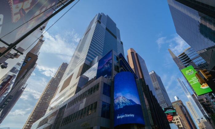 A view of the exterior of The Morgan Stanley Headquarters at 1585 Broadway in Times Square in New York City in July 2021. (Gabriel Pevide/Getty Images for Morgan Stanley)