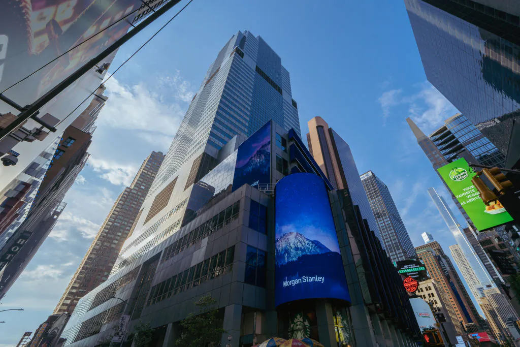A view of the exterior of The Morgan Stanley Headquarters at 1585 Broadway in Times Square in New York City in July 2021. (Gabriel Pevide/Getty Images for Morgan Stanley)
