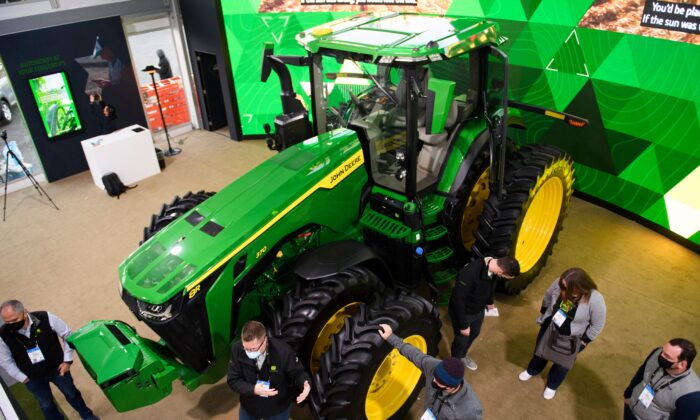 The Deere & Co. John Deere 8R fully autonomous tractor is displayed ahead of the Consumer Electronics Show (CES) in Las Vegas, Nev., on Jan. 4, 2022. (Patrick T. Fallon/AFP via Getty Images)