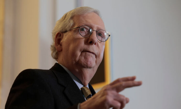 Senate Minority Leader Mitch McConnell (R-KY) speaks to reporters following a Senate Republican Policy Luncheon on Capitol Hill on Jan. 4, 2022. (Anna Moneymaker/Getty Images)