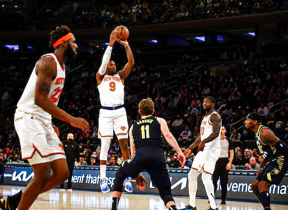 R.J. Barrett (9) of the New York Knicks shoots against the Indiana Pacers during their game at Madison Square Garden, in New York City, on Jan. 4, 2022. (Al Bello/Getty Images)