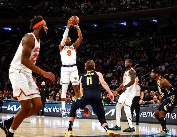 R.J. Barrett (9) of the New York Knicks shoots against the Indiana Pacers during their game at Madison Square Garden, in New York City, on Jan. 4, 2022. (Al Bello/Getty Images)