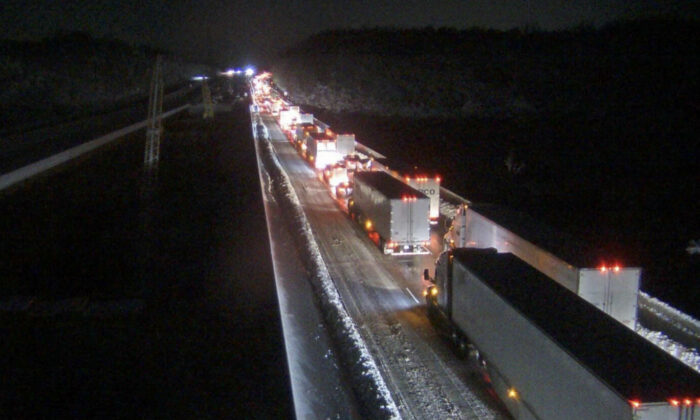 An image provided by the Virginia department of Transportation shows a closed section of Interstate 95 near Fredericksburg, Va., on Jan. 4, 2022. (Virginia Department of Transportation via AP)