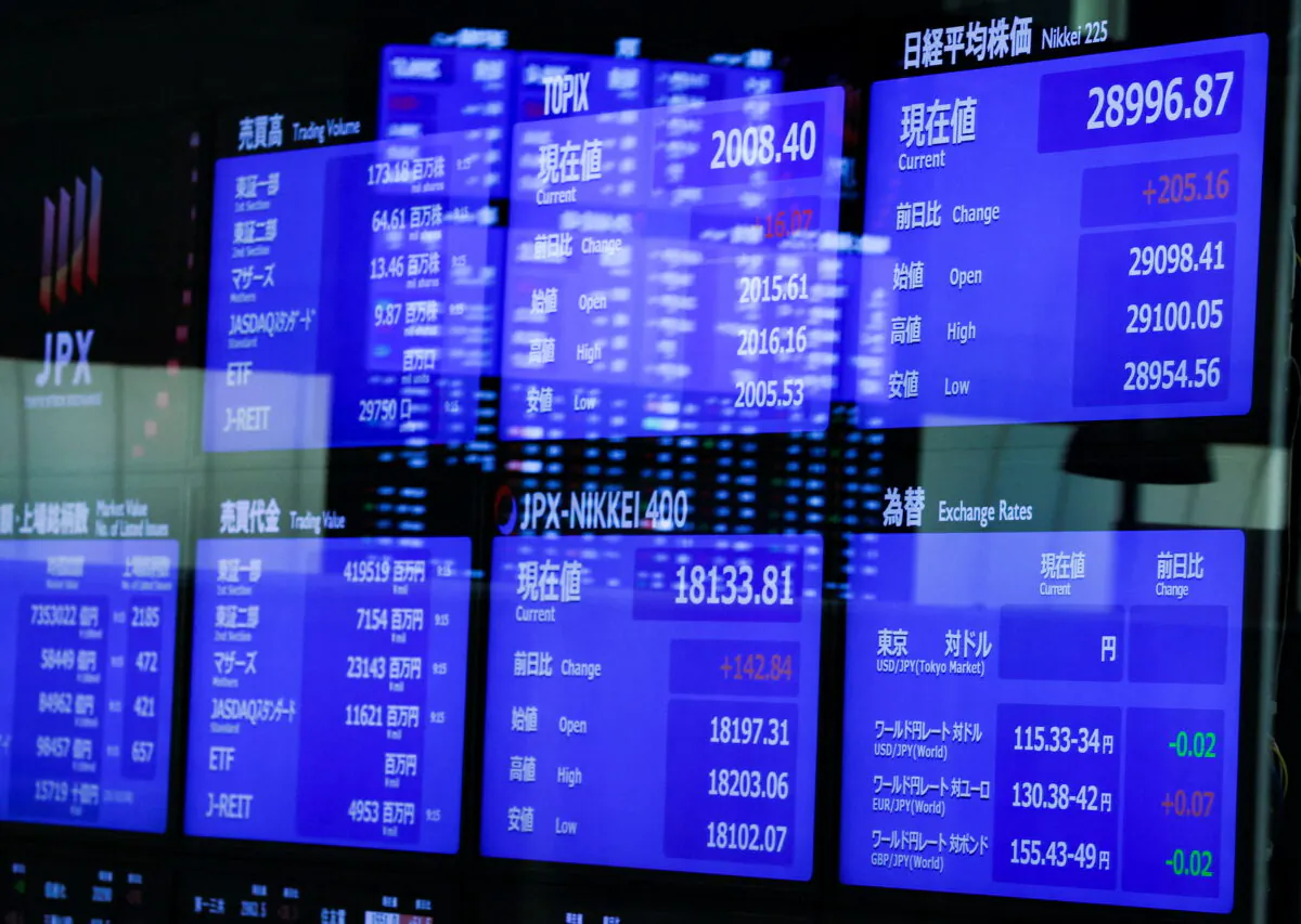 Monitors displaying the stock index prices and Japanese yen exchange rate against the U.S. dollar are seen after the New Year ceremony marking the opening of trading in 2022 at the Tokyo Stock Exchange (TSE) in Tokyo on Jan. 4, 2022. (Issei Kato/Reuters)