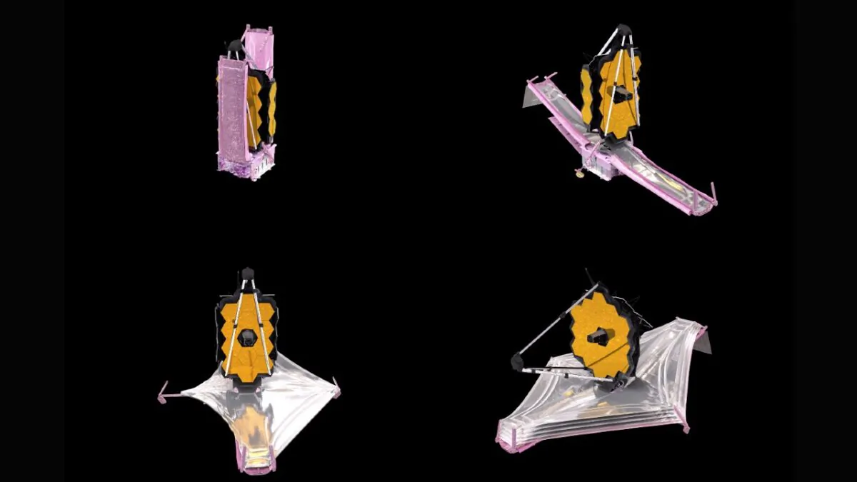 This combination of images from a computer animation depicts the unfolding of the components of the James Webb Space Telescope, made available by NASA in December 2021. (NASA/Goddard Space Flight Center Conceptual Image Lab via AP)