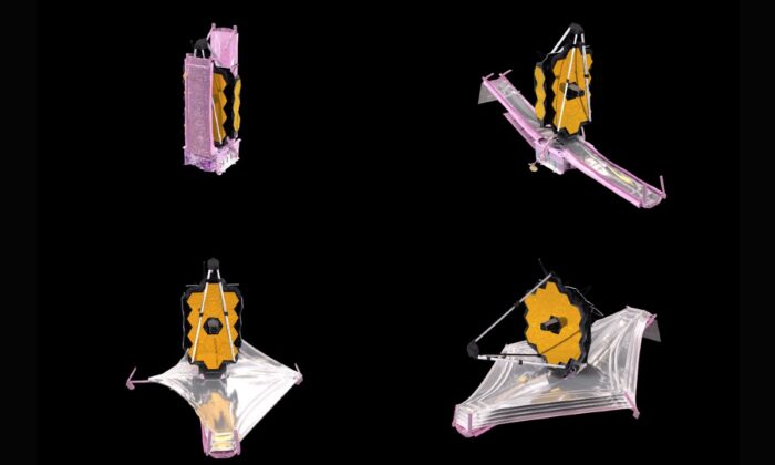 This combination of images from a computer animation depicts the unfolding of the components of the James Webb Space Telescope, made available by NASA in December 2021. (NASA/Goddard Space Flight Center Conceptual Image Lab via AP)