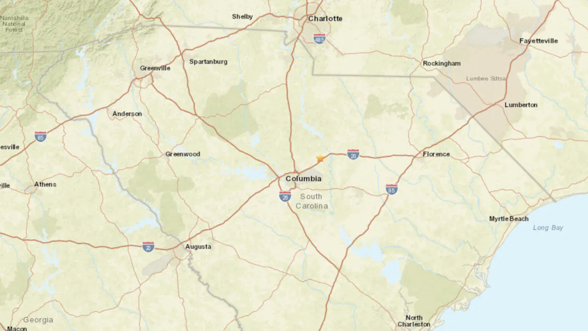 A map showing the location of a magnitude 2.6 earthquake near Elgin, S.C., on Jan. 5, 2021. (USGS/Screenshot via The Epoch Times)