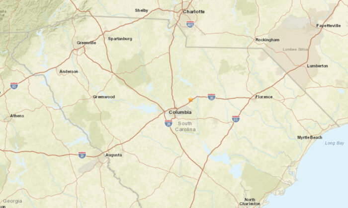 A map showing the location of a magnitude 2.6 earthquake near Elgin, S.C., on Jan. 5, 2021. (USGS/Screenshot via The Epoch Times)