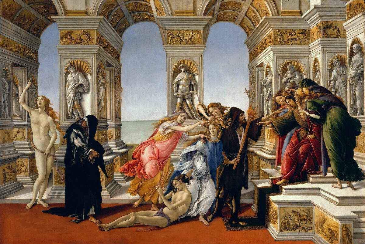“Calumny of Apelles,” circa 1496, by Sandro Botticelli. Tempera on panel; 24.4 inches by 35.8 inches. Uffizi Gallery, Florence, Italy. (Public Domain)