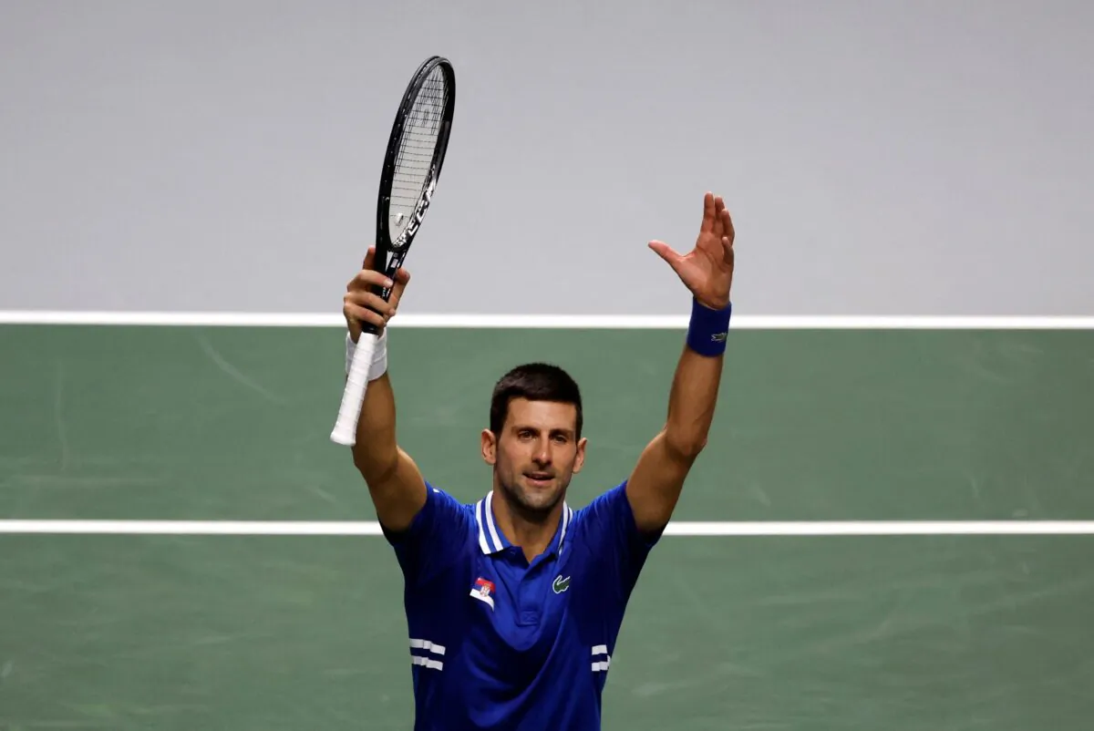 Serbia's Novak Djokovic celebrates winning his match against Croatia's Marin Cilic at Davis Cup Semi-Finals -Serbia v Croatia in Madrid, Spain, on Dec. 3, 2021. (Susana Vera/Reutes)