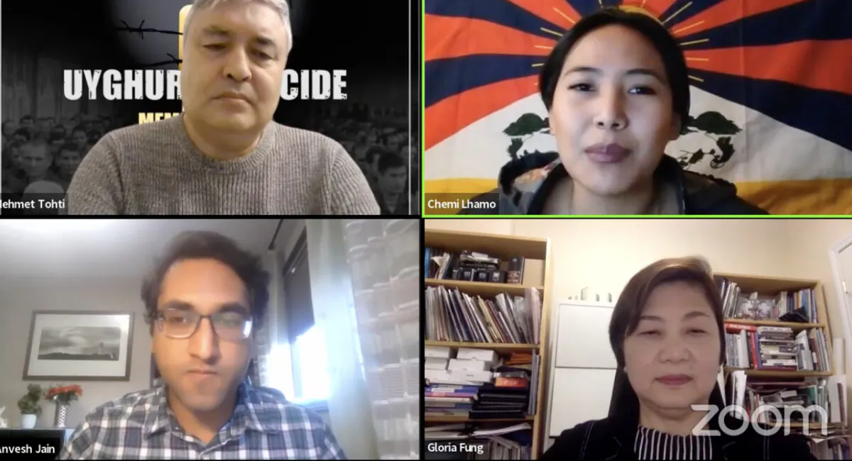 Human rights advocates and panelists (clockwise from top L) Mehmet Tohti, executive director of the Uyghur Rights Advocacy Project; Chemi Lhamo, outspoken Tibetan-Canadian activist; Gloria Fung, president of Canada-Hong Kong Link; and  Anvesh Jain, research associate at Canada Tibet Committee, call for a boycott of the 2022 Beijing Winter Olympics during a virtual panel discussion on Jan. 4, 2022. (Zoom/Screenshot via The Epoch Times) 