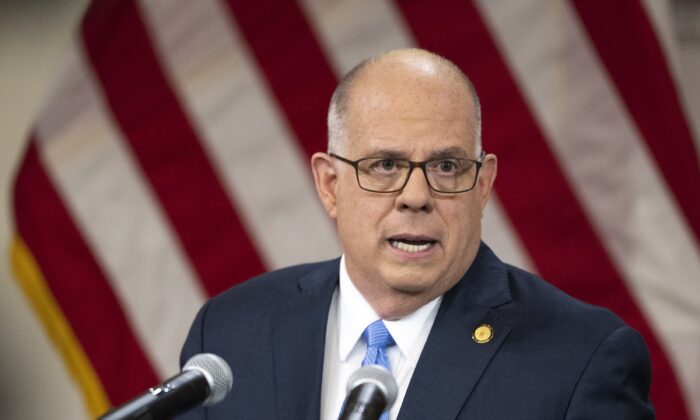 Maryland Gov. Larry Hogan speaks to a press conference in Annapolis, Md., on Aug. 5, 2021. (Drew Angerer/Getty Images)