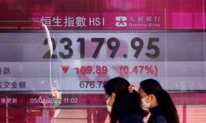 People walk past a bank's electronic board showing the Hong Kong share index at Hong Kong Stock Exchange on Jan. 5, 2022. (Vincent Yu/AP Photo)