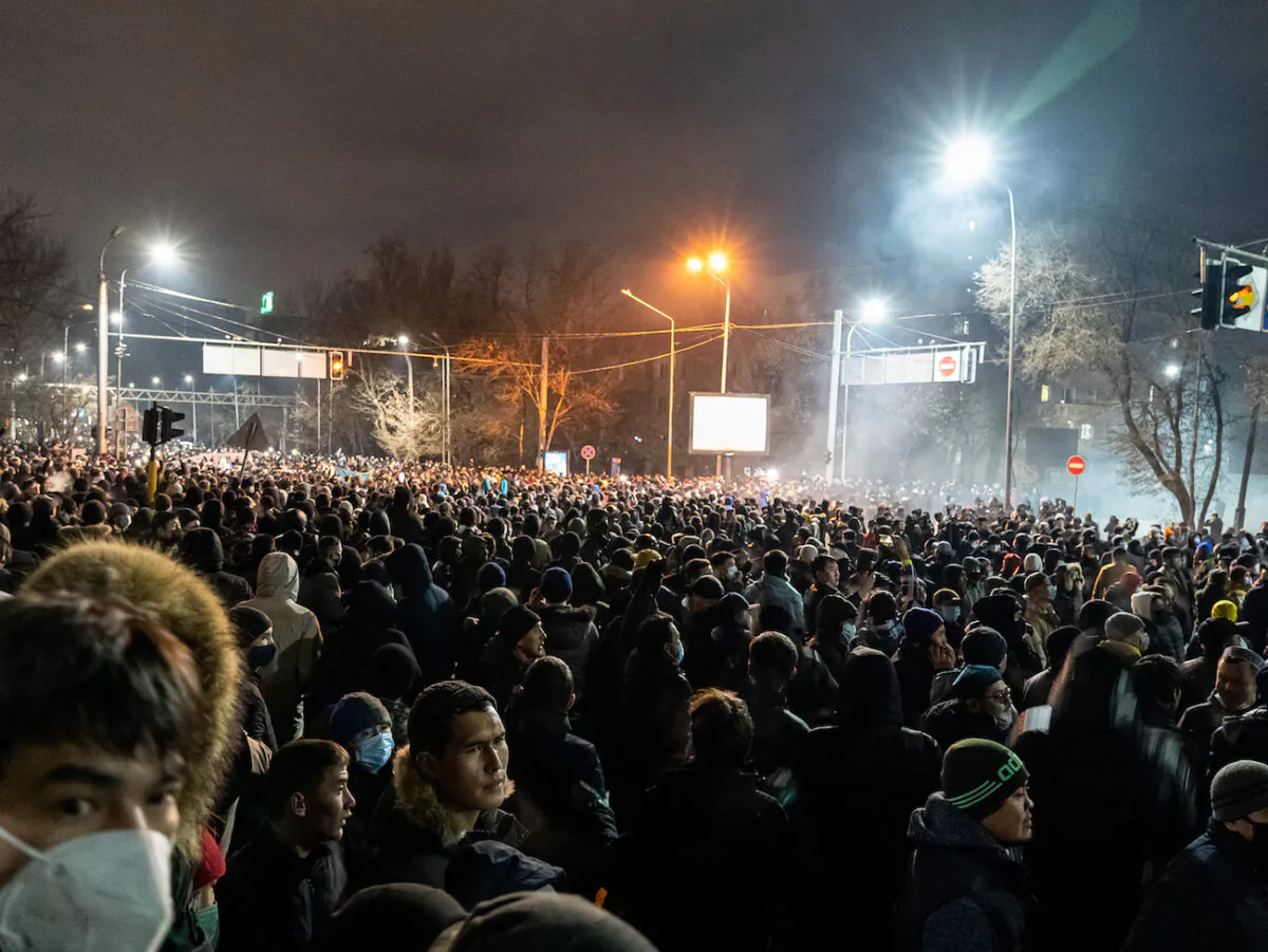 Protesters attend a rally in Almaty after energy price hikes, on Jan. 4, 2022. (Abduaziz Madyarov/AFP via Getty Images)