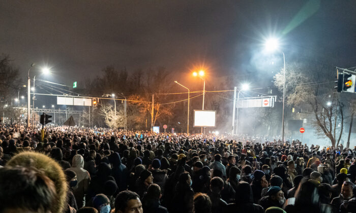 Protesters attend a rally in Almaty after energy price hikes, on Jan. 4, 2022. (Abduaziz Madyarov/AFP via Getty Images)