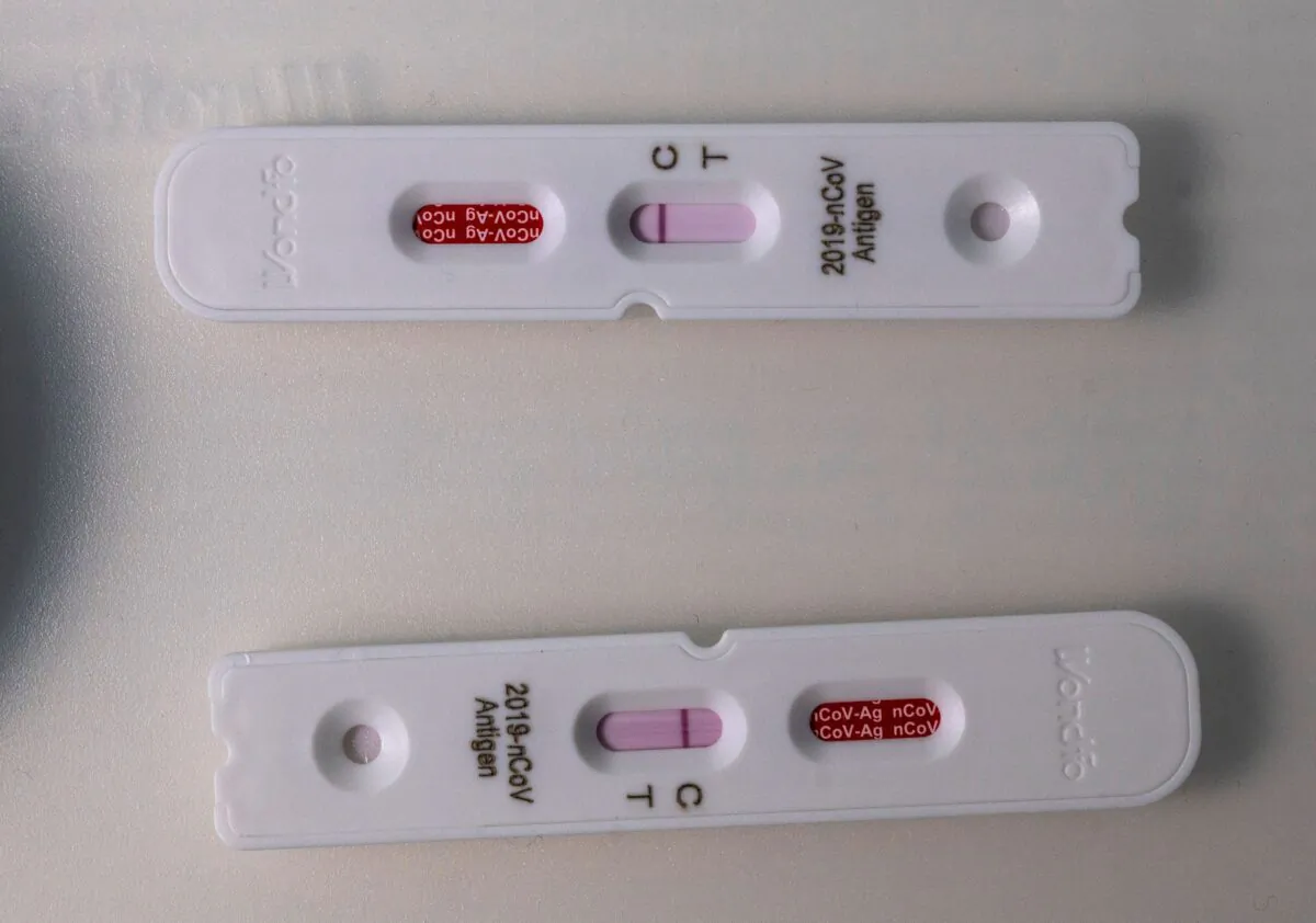 Two test cassettes used in an antigen rapid test for the coronavirus (COVID-19) at a testing center in Berlin on Feb. 17, 2021. (John MacDougall/AFP via Getty Images)